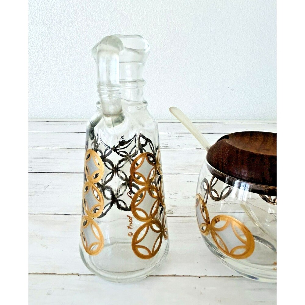 Fred Press MCM Creamer & Sugar Condiments Cruet Silver Gold Circles Signed - Picture 7 of 13